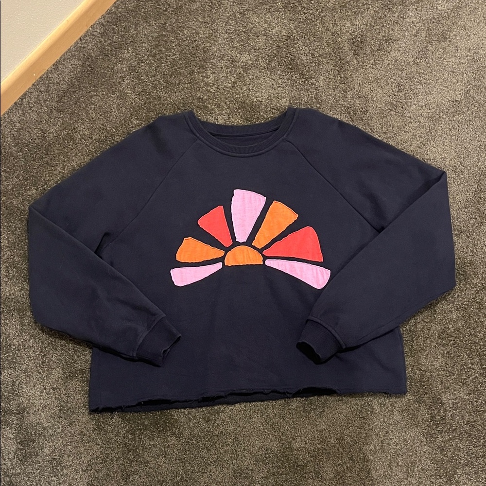 Marine Layer Navy Cropped Sweatshirt with Pink, Orange & Red Sun Graphic